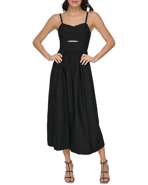 DKNY Black Smocked Pleated Midi Dress