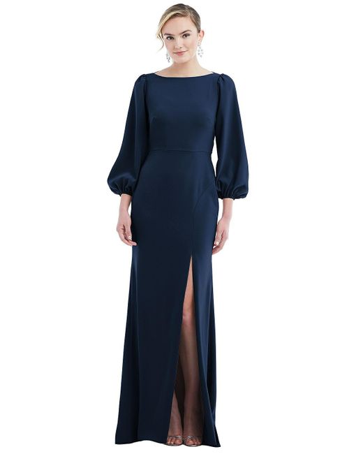 Dessy Collection Blue Bishop Sleeve Open-back Trumpet Gown With Scarf Tie