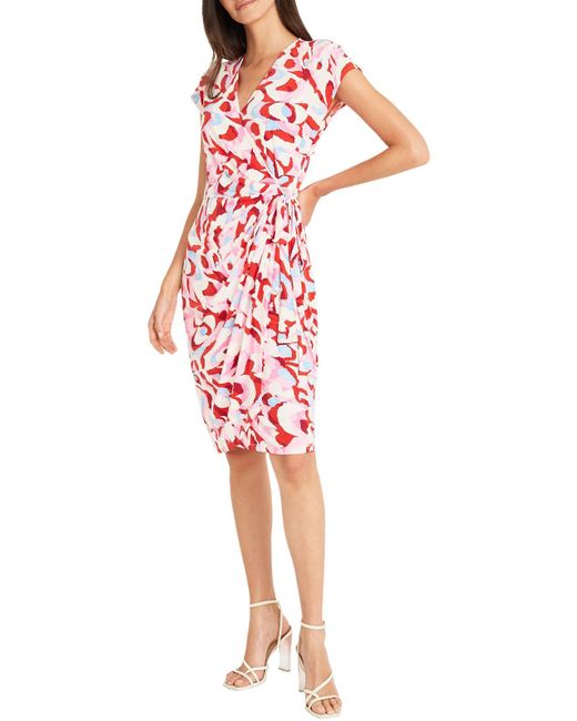 Maggy London Red Printed Matte Jersey Wrap Dress