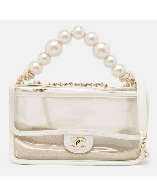 Chanel White Pvc And Leather Sand By The Sea Flap With Pearl Strap Bag
