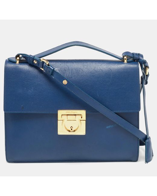 Ferragamo Blue Navy Leather Gancio Lock Shoulder Bag