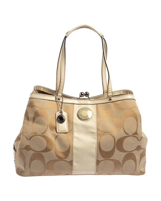 COACH Natural Signature Canvas And Patent Leather Kisslock Framed Carryall Tote