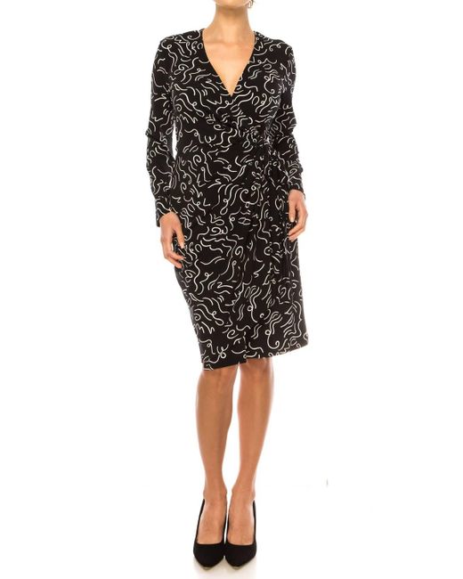 Maggy London Black Long Sleeve Abstract Print Wrap Dress