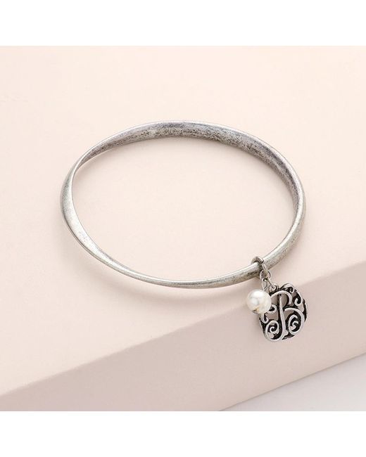 Fashnzfab Natural B- Initial Initial Monogram Pearl Charm Bangle Bracelet Burnished