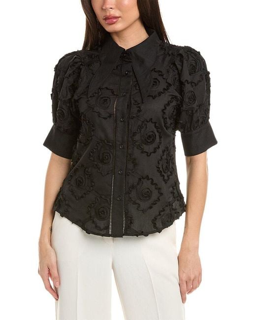 Gracia Black Flower Design Wing Collar Button-down Shirt