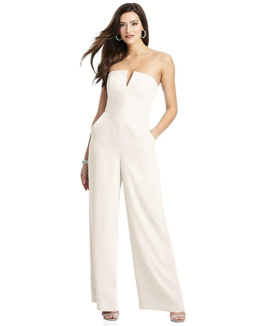Dessy Collection White Strapless Notch Crepe Jumpsuit With Pockets