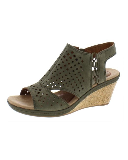 Cobb Hill Green Janna Side Bungee Ankle Strap Perforated Wedge Sandals