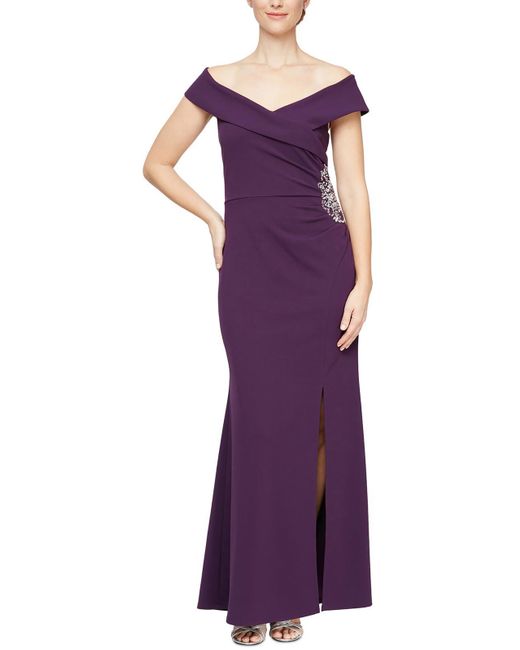 SLNY Purple Portrait Collar Off-the-shoulder Evening Dress