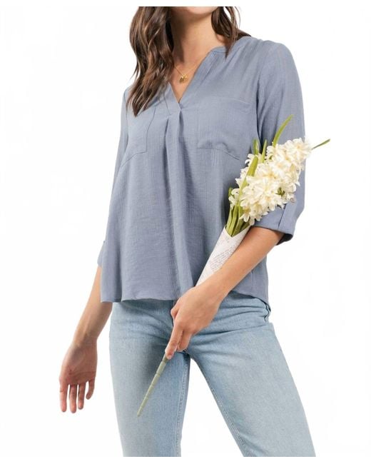 Blu Pepper Blue Split Neck Back Button Three Quarter Tab Sleeve Top