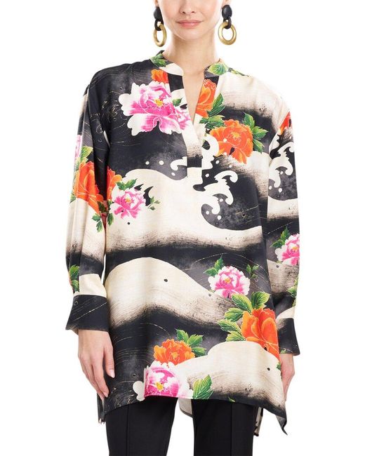 Natori Gray Mayumi Oversized Half Placket Silk-blend Shirt