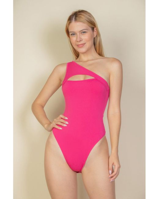 TRUEDAMES Pink Ribbed Knit Cut Out One Shoulder Bodysuit