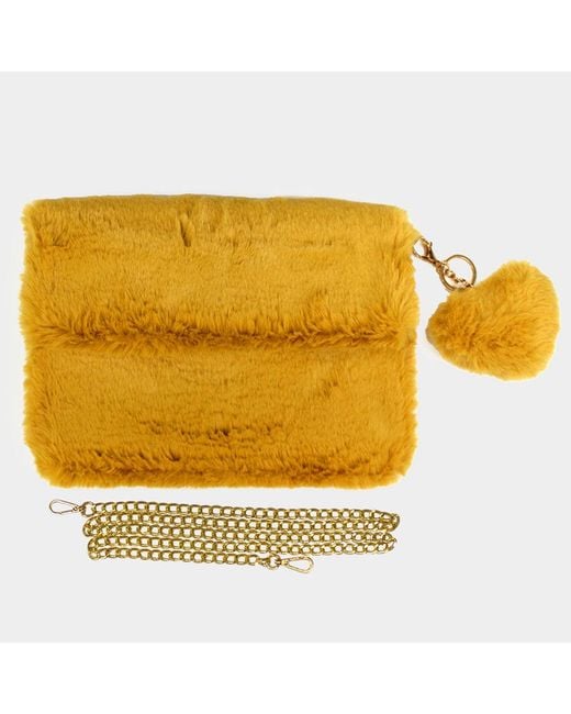 Fashnzfab Yellow Detachable Heart Pom Pom Keychain Faux Fur Crossbody Bag