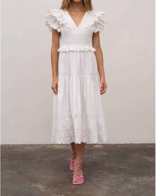 Moon River White Shirred Tiered Smock Ruffle Back-t