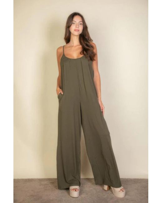 Fashnzfab Natural Spaghetti Strap Solid Wide Jumpsuit