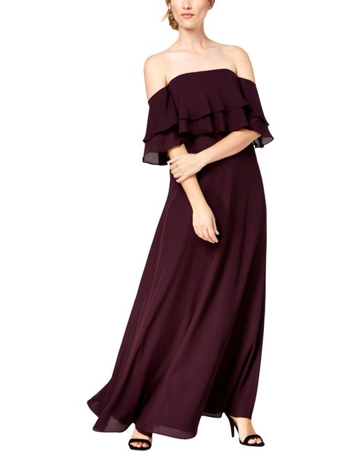 Calvin Klein Purple Off-the-shoulder Flounce Maxi Dress