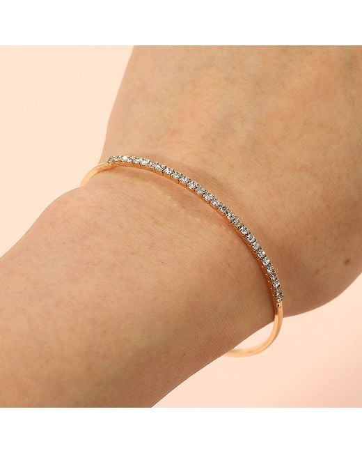 Fashnzfab Natural One Row Rhinestone Paved Bar Accent Adjustable Bangle Evening Bracelet