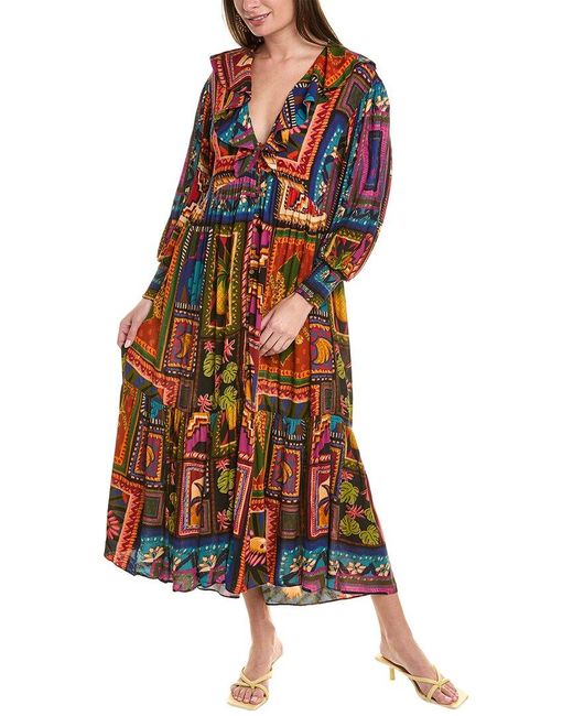 Farm Rio Blue Patchwork Tapestry Ankle Maxi Dress