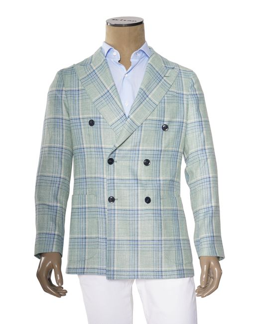 Sartorio Napoli Blue Double-Breasted Plaid Virgin Wool-Silk Sport Jacket for men