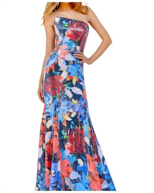 Jovani Blue Strapless Floral Gown