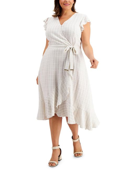 Calvin Klein White Plus Faux Wrap Midi Wrap Dress
