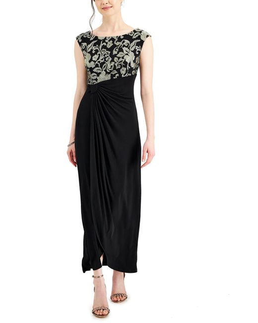 Connected Apparel Black Metallic Embroidered Evening Dress