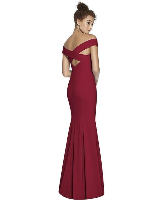 Dessy Collection Red Off-the-shoulder Criss Cross Back Trumpet Gown