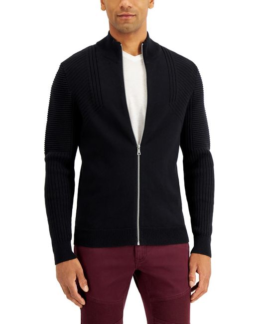 INC Blue Cotton Ribbed Trim Full Zip Sweater for men