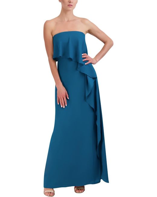 BCBGMAXAZRIA Blue Strapless Cascade Ruffle Evening Dress