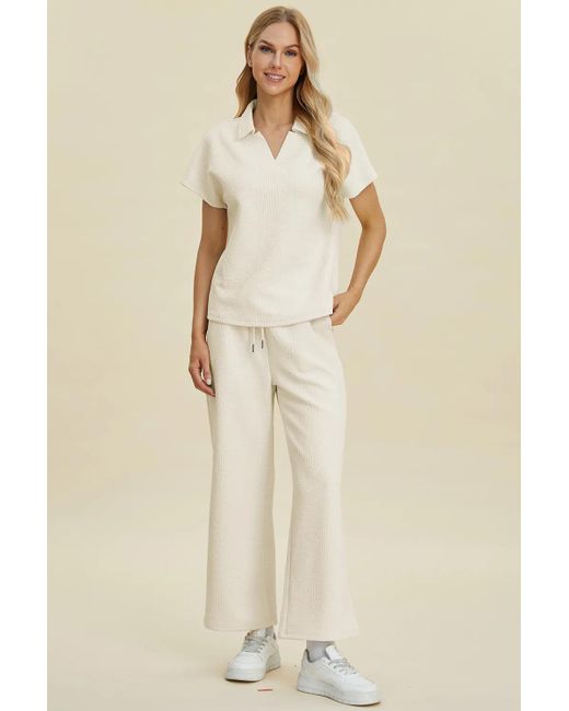 TRUEDAMES Natural Full Size Collared Neck Short Sleeve Top And Pants Set