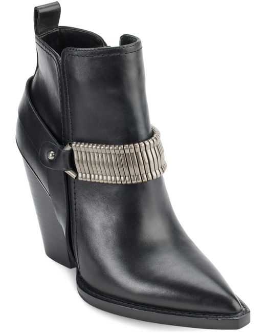DKNY Black Tizz Leather Stacked Heel Ankle Boots