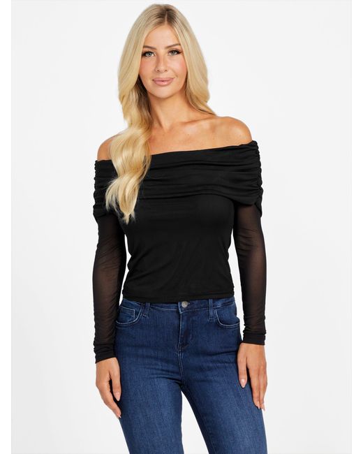 Guess Black Lacey Sheer Off-The-Shoulder Top