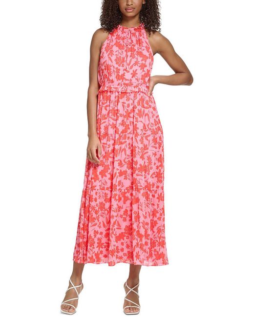 Karl Lagerfeld Red Floral Print Long Maxi Dress