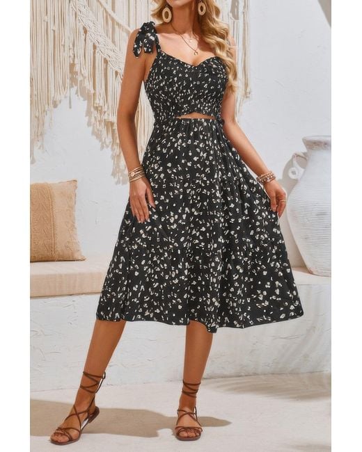 TRUEDAMES Black Square Neck Leopard Cut Out Elastic Waist Dress
