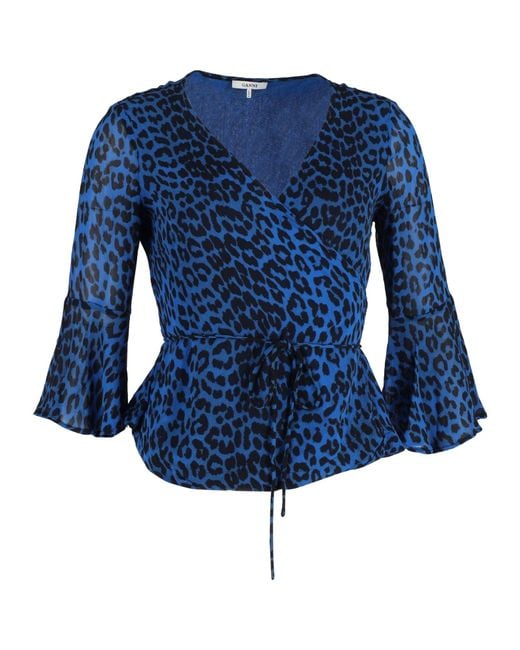 Ganni Blue Viscose Wrap Animal Print Blouse