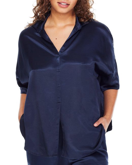 PJ Harlow Blue Fran Satin Notch Collar Pajama Top
