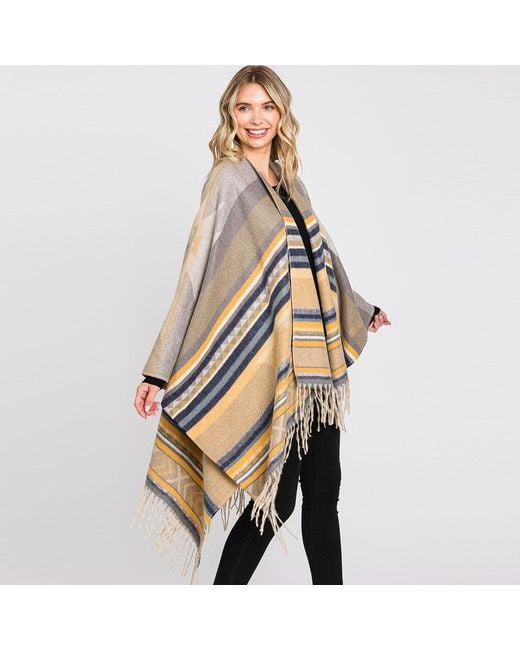 TRUEDAMES Yellow Aztec Patterned Fringe Ruana Poncho