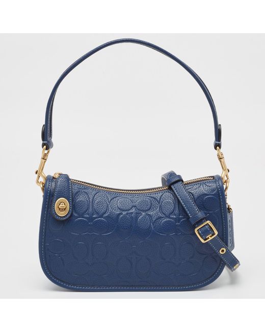 COACH Blue Signature Embossed Leather Swinger 20 Shoulder Bag