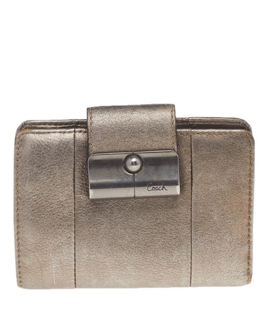 COACH Gray Metallic Gold Leather Compact Wallet