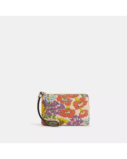COACH Red Corner Zip Wristlet With Floral Print
