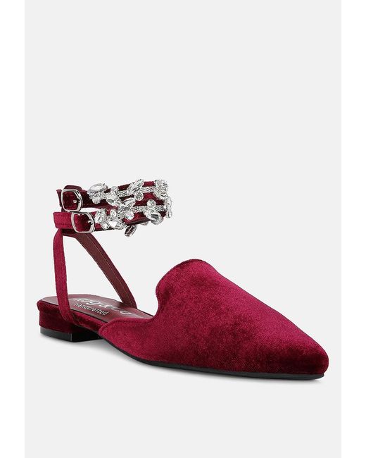 Rag & Co Red Salome Burgundy Embellished Ankle Strap Velvet Mules