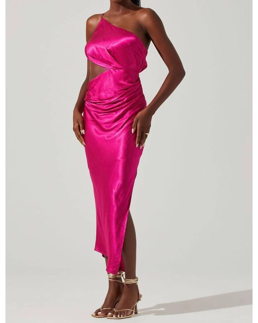 Astr Pink Martina Satin Side Cutout One Shoulder Midi Dress