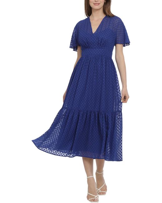 Maggy London Blue Tiered Polyester Midi Dress