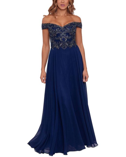 Xscape Blue Embellished Maxi Evening Dress