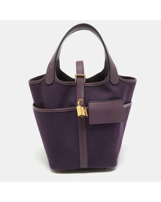 Hermès Purple Raisin/cassis Toile Goeland And Swift Leather Cargo Picotin Lock 18 Bag