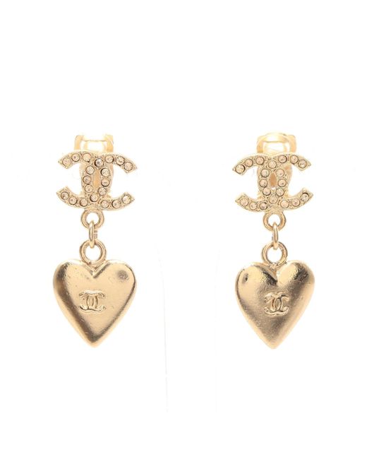 Chanel Metallic Coco Mark Heart Earrings Gp Rhinestone Gold Clear 02p