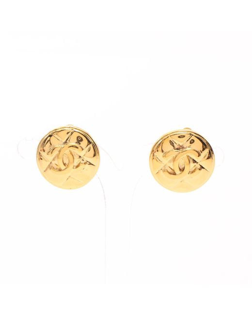 Chanel Metallic Matelasse Coco Mark Earrings Gp Gold Vintage