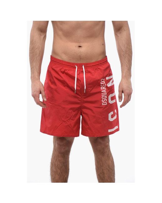 DSquared² Red Icon Nylon Swim Shorts With Maxi Printed Logo for men