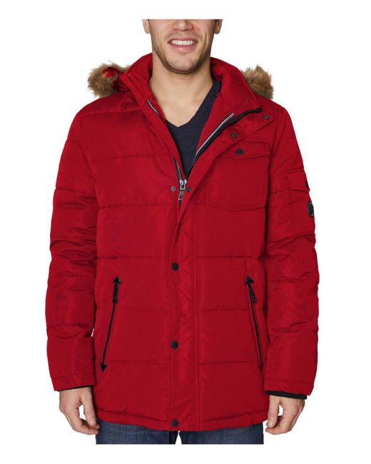 Nautica Red Faux Fur Trim Quilted Parka Coat for men