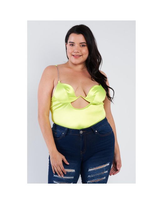Fashnzfab Green Plus Size Silk Chain Spaghetti Strap High Thong Center Cut Out Bodysuit