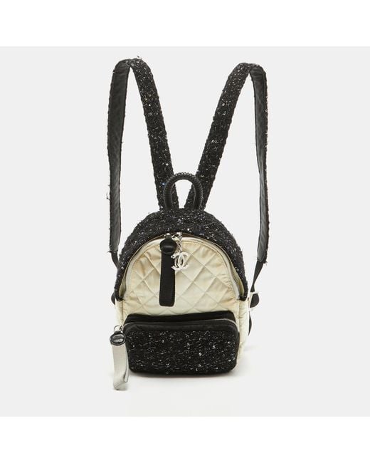 Chanel Black /offquilted Satin And Tweed Sequins Mini Backpack